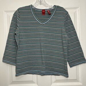 VALERIE STEVENS Women Pima Petit Cotton Striped 3/4 sleeve V-neck top | size PL